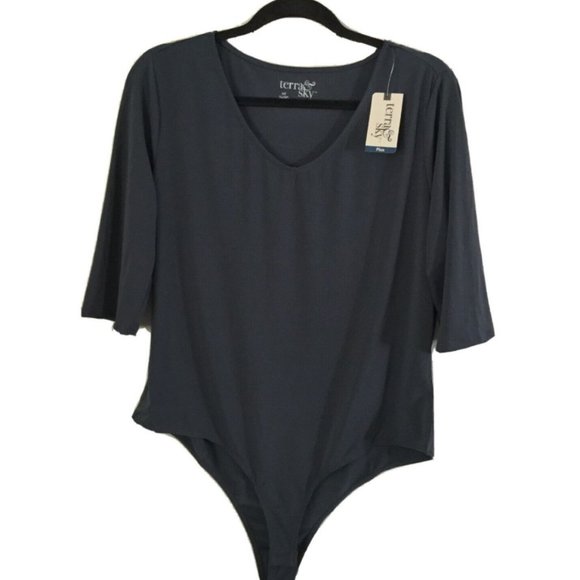 Terra & Sky Tops - TERRA & SKY Elbow Sleeve V-Neck Bodysuit Grey 0X